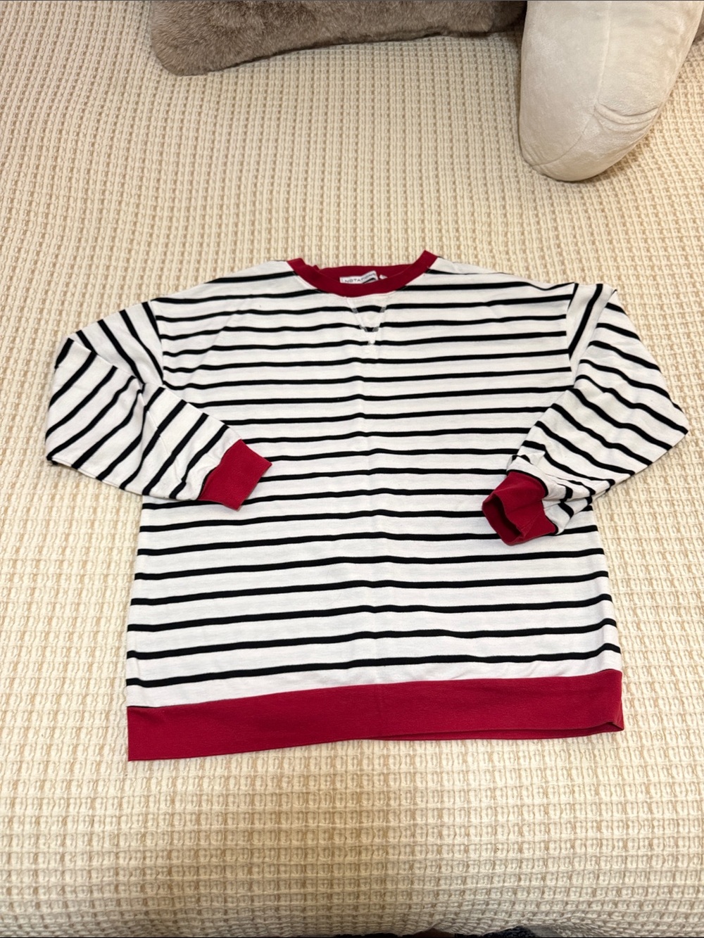 Notations White Black Striped Sweatshirt with Red Trim